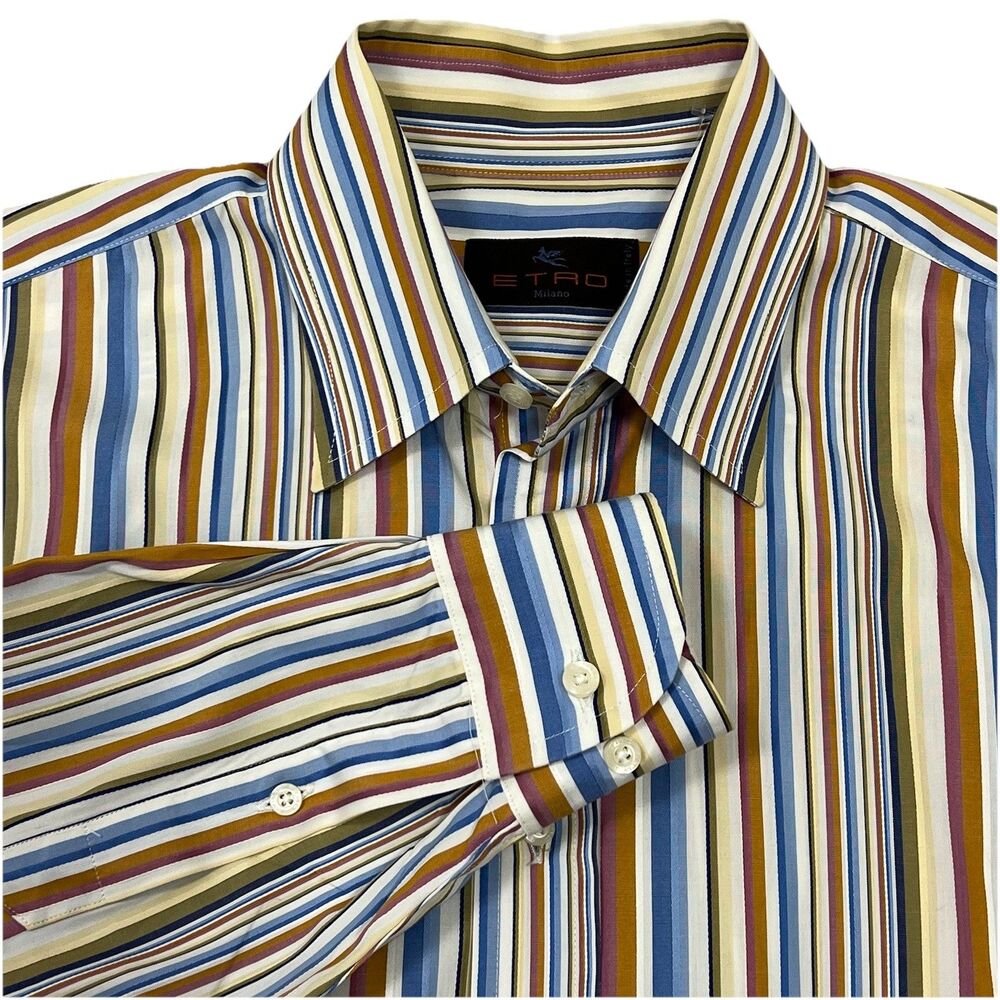 Etro Button Down Long Sleeve Collar Men’s Shirt Stripe Multicolor Italy Size 41